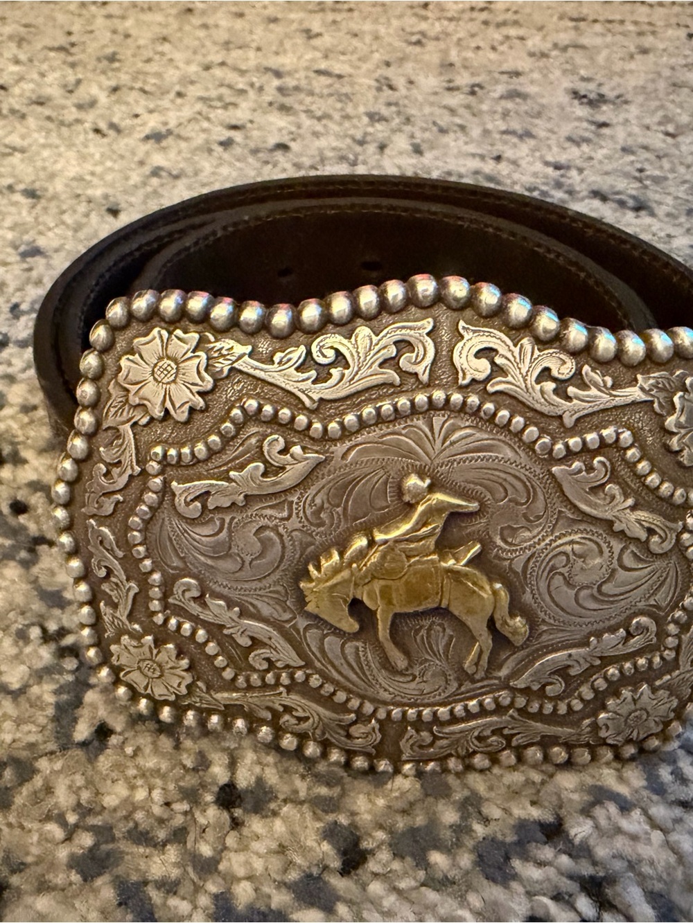 Western Rodeo Buckle Belt in Brown with Silver and Gold Accents